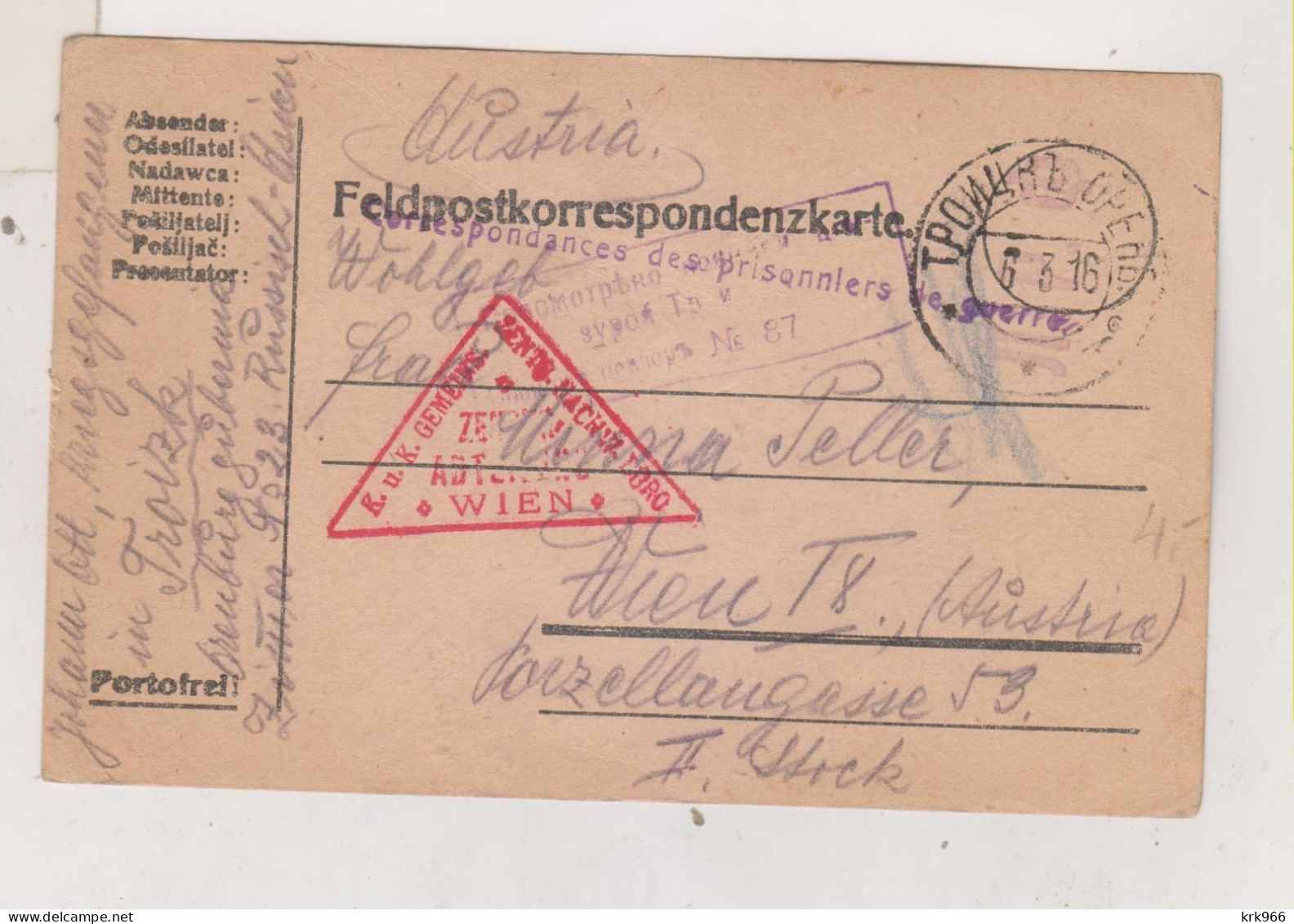 RUSSIA, 1916  POW Postal Stationery To  Austria - Lettres & Documents