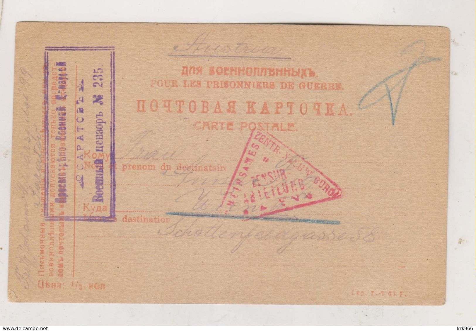 RUSSIA, 1916  POW Postal Stationery To  Austria - Lettres & Documents