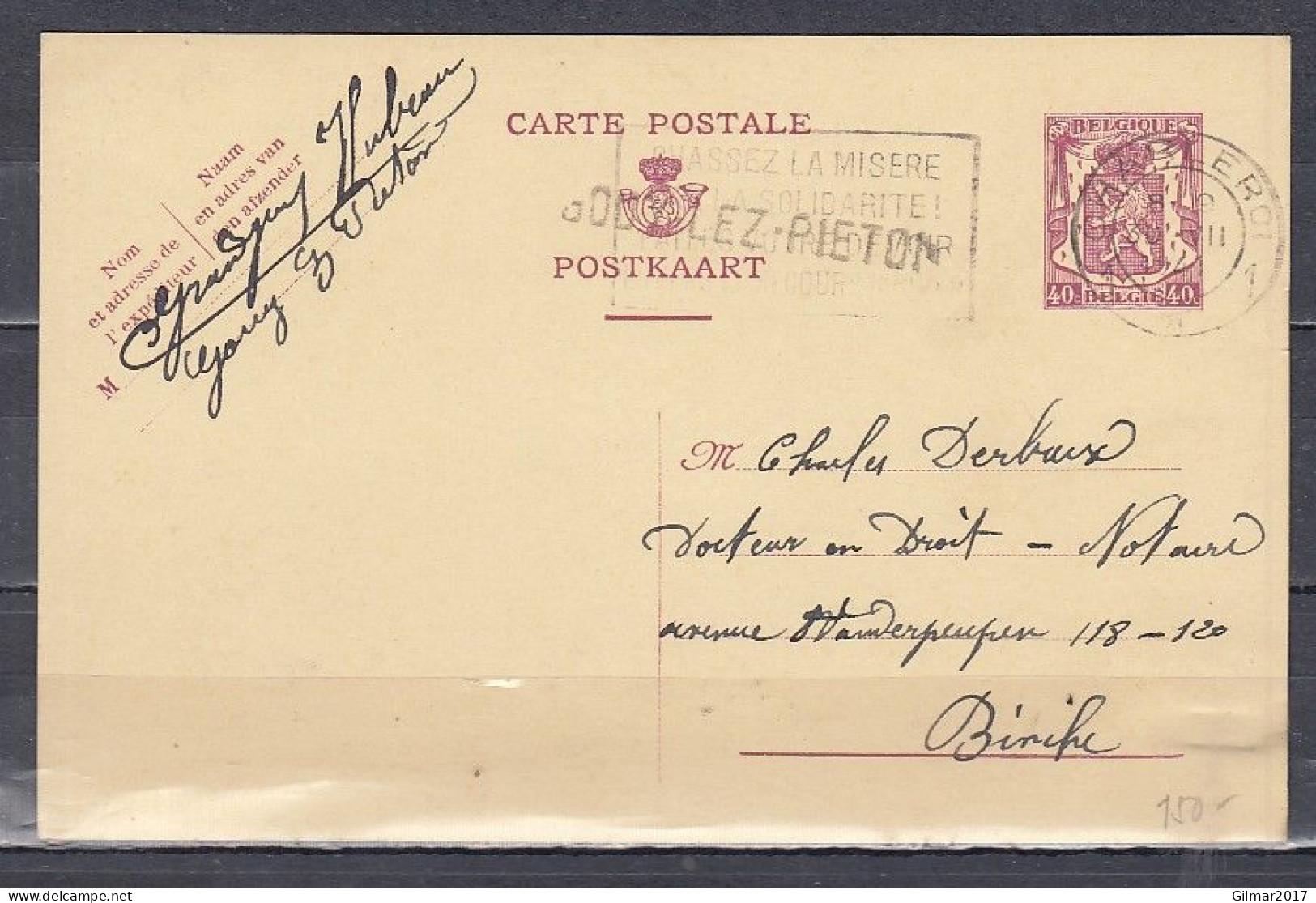 Postkaart Van Charleroi 1 Naar Binche Met Langstempel GOUY-LEZ-PIETON - Linear Postmarks
