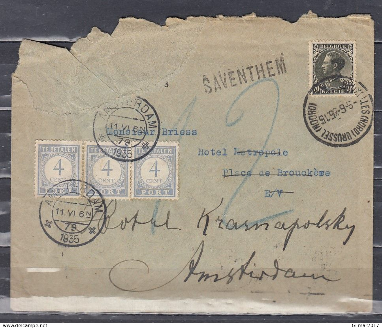Brief Van Bruxelles (Nord) Naar Amsterdam (Nederland) Met Langstempel SAVENTHEM - Griffes Linéaires