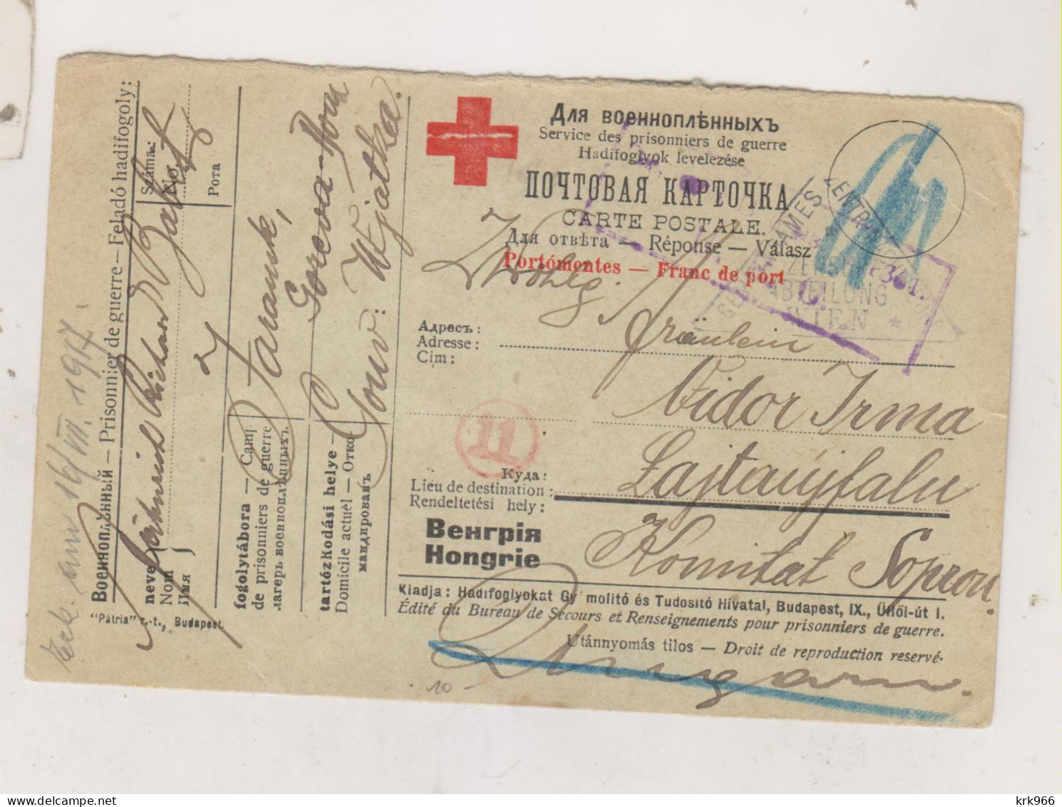 RUSSIA, 1917  POW Postal Stationery To  HUNGARY - Brieven En Documenten