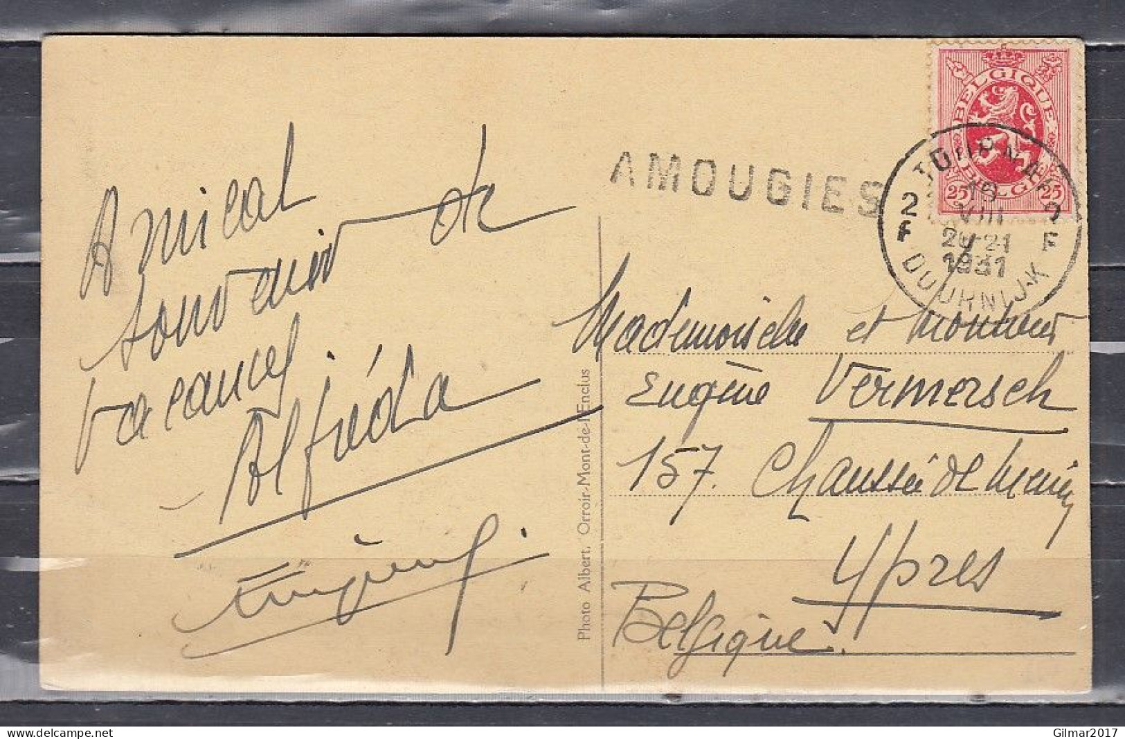 Postkaart Van Tournai 2F Naar Ypres Met Langstempel AMOUGIES - Griffes Linéaires