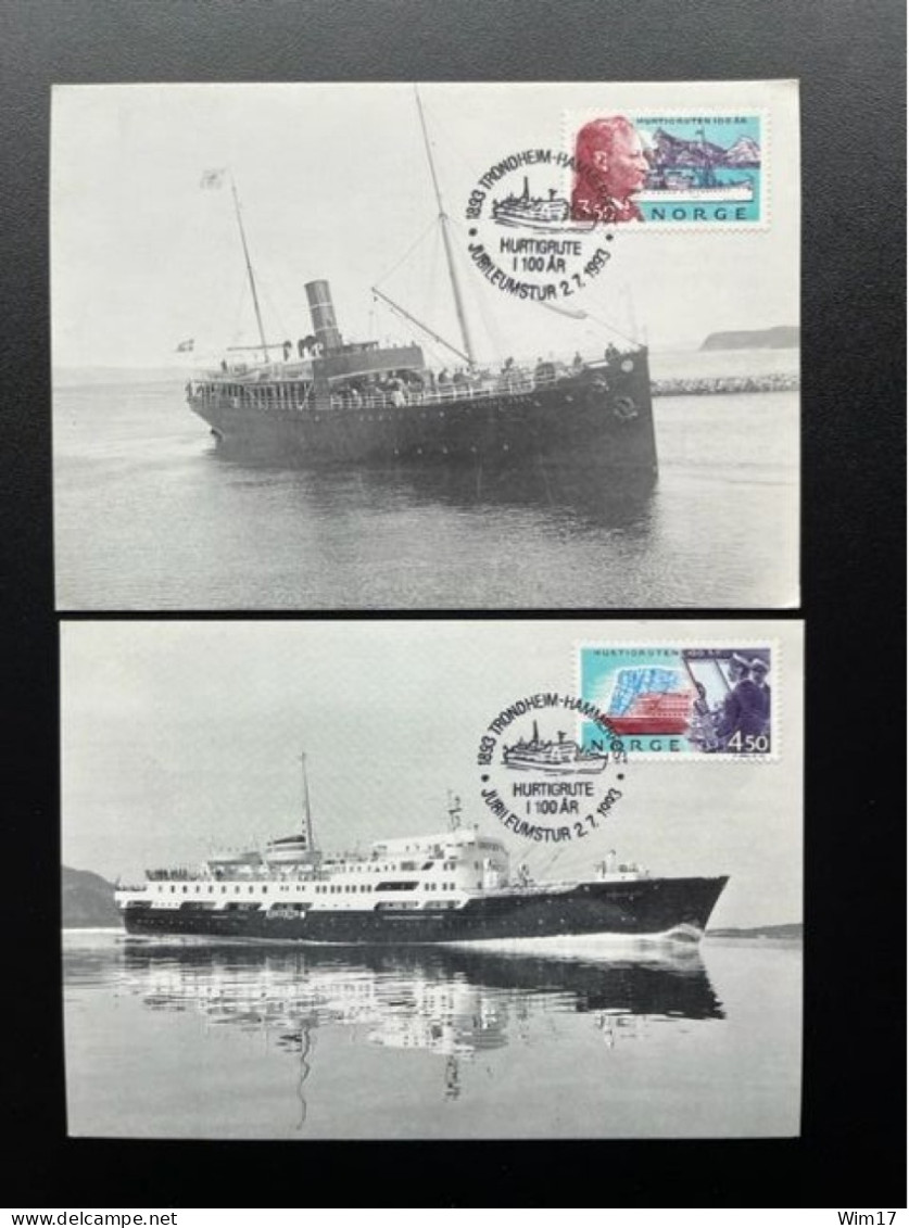 NORWAY NORGE 1993 FAST LINE TRONDHEIM TO HAMMERFEST SET OF 2 MAXIMUM CARDS 02-07-1993 NOORWEGEN SHIPS - Cartoline Maximum