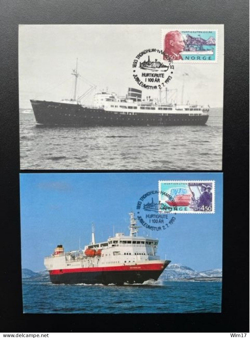 NORWAY NORGE 1993 FAST LINE TRONDHEIM TO HAMMERFEST SET OF 2 MAXIMUM CARDS 02-07-1993 NOORWEGEN SHIPS - Cartes-maximum (CM)