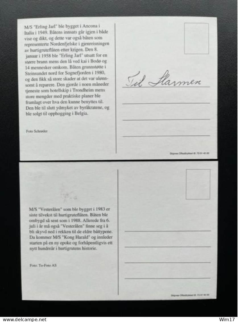 NORWAY NORGE 1993 FAST LINE TRONDHEIM TO HAMMERFEST SET OF 2 MAXIMUM CARDS 02-07-1993 NOORWEGEN SHIPS - Maximumkarten (MC)