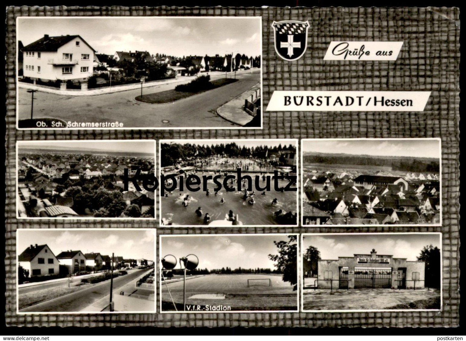 ÄLTERE POSTKARTE GRÜSSE AUS BÜRSTADT VFR STADION OBERSCHULTHEISS-SCHREMSER-STRASSE FREIBAD Ansichtskarte AK Postcard Cpa - Bürstadt