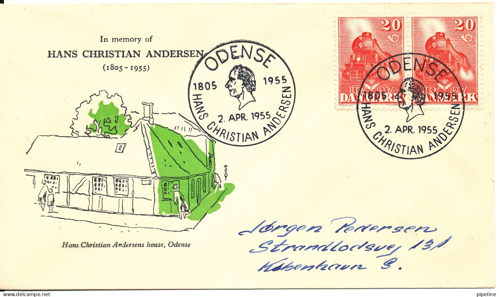 Denmark Cover In Memory Of HANS CHRISTIAN ANDERSEN 1805-1955 Odense 2-4-1955 With Cachet - Covers & Documents