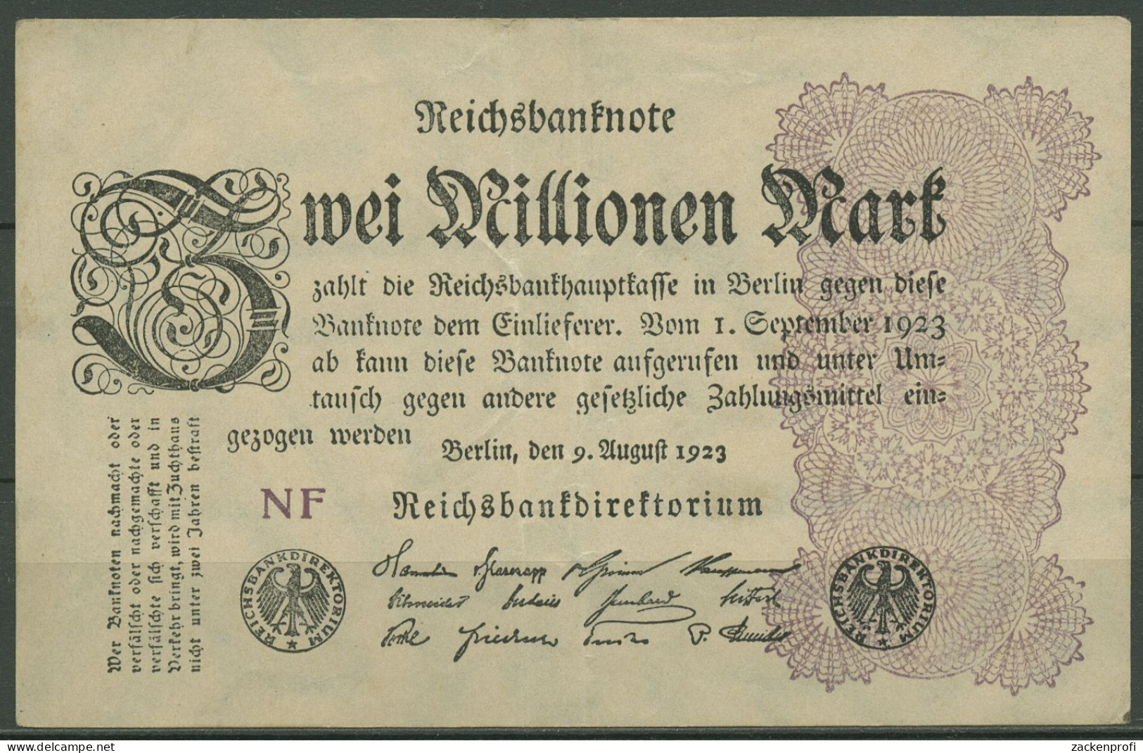 Dt. Reich 2 Millionen Mark 1923, DEU-116d FZ NF, Leicht Gebraucht (K1258) - 2 Miljoen Mark
