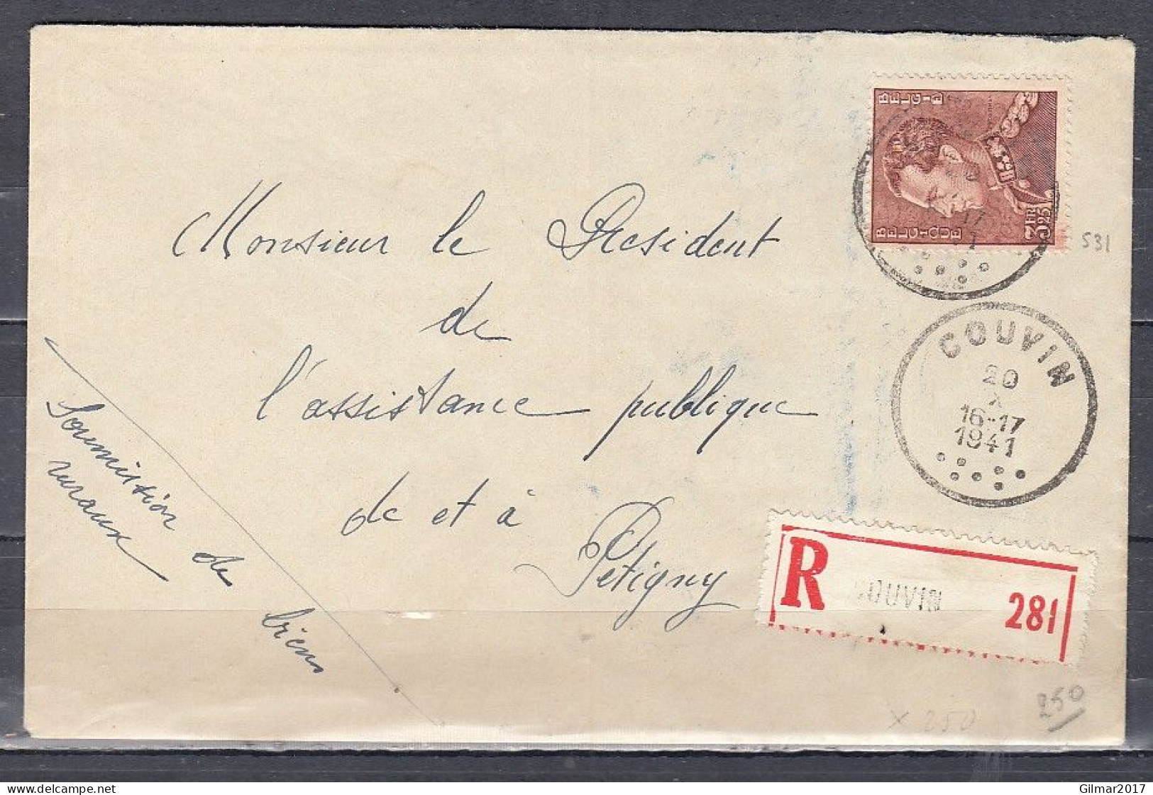 Aangetekende Brief Van Couvin Naar Petigny - 1936-51 Poortman