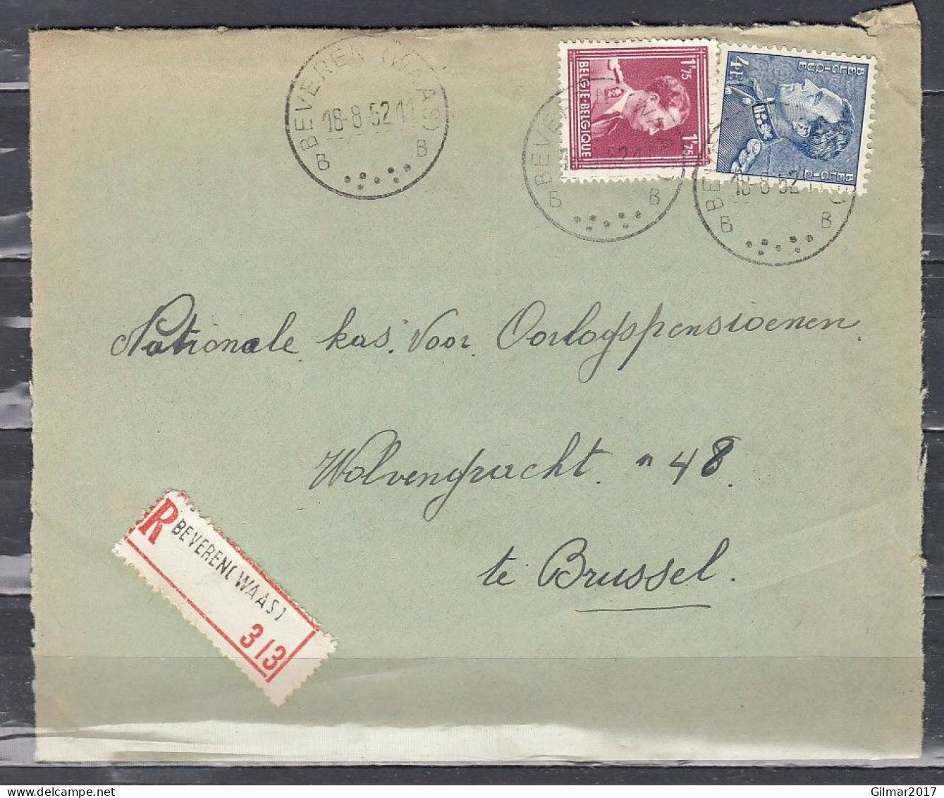 Aangetekende Brief Van Beveren (Waas) B Naar Brussel - 1936-1951 Poortman