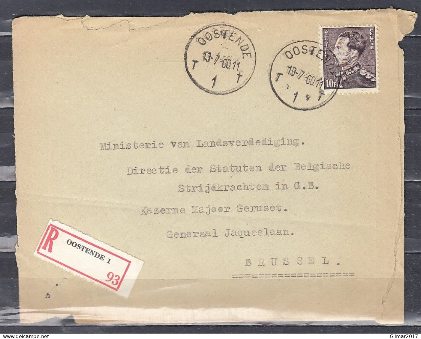 Aangetekende Brief Van Oostende T1T Naar Brussel - 1936-1951 Poortman