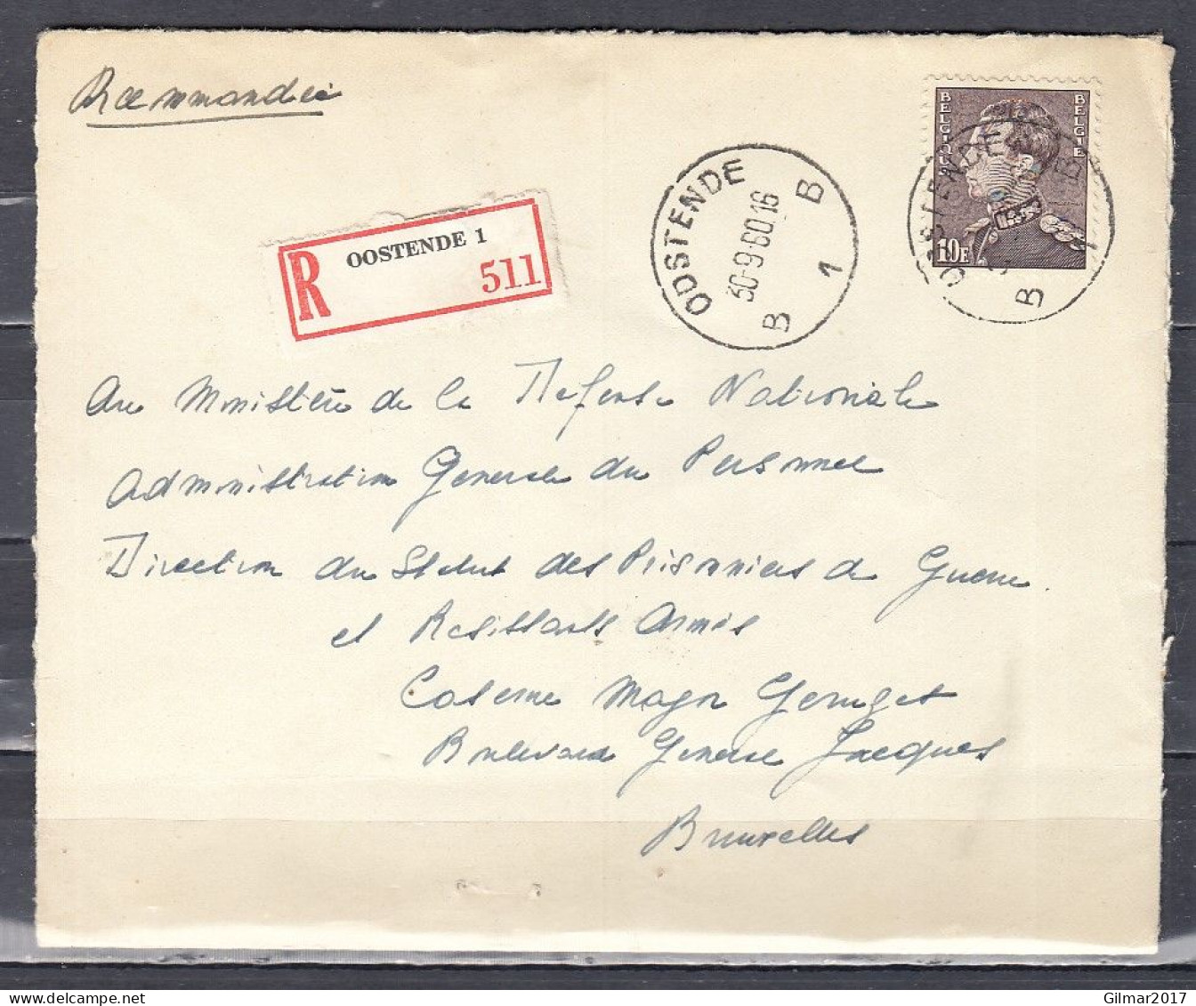 Aangetekende Brief Van Oostende B1B Naar Bruxelles - 1936-1951 Poortman