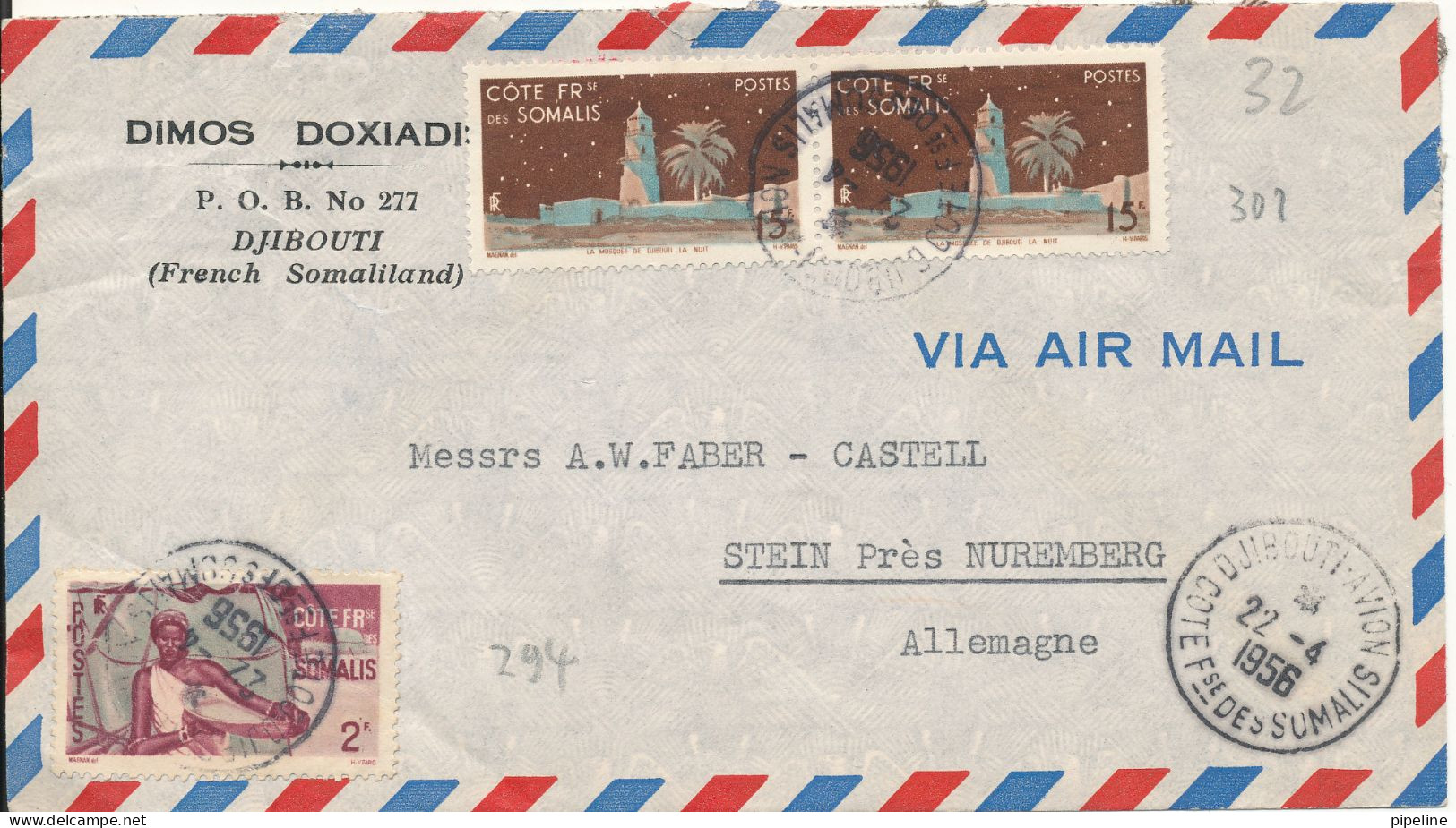 French Somali Coast Air Mail Cover Sent To Germany 22-4-1956 Very Nice Cover And Postmarks - Lettres & Documents