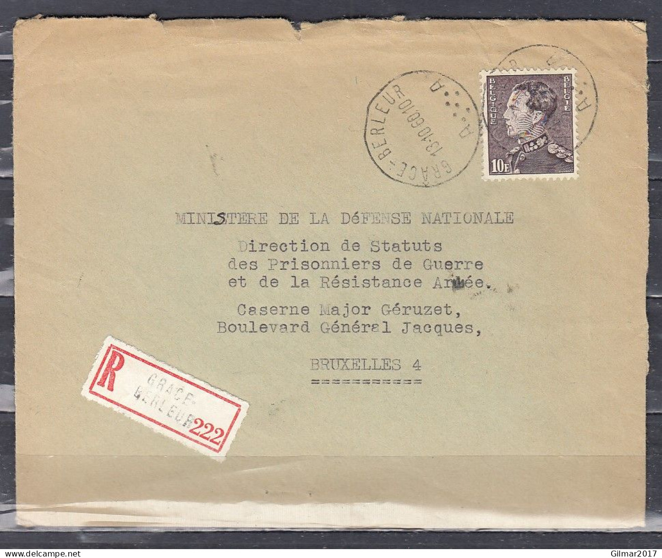 Aangetekende Brief Van Grace-Berleur A Naar Bruxelles - 1936-1951 Poortman
