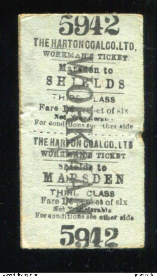 Ticket De Train Ouvrier Royaume-Uni Années 20 "The Harton Coal Company - Marsden To Shields" Edmondson Workman's Ticket - Europe