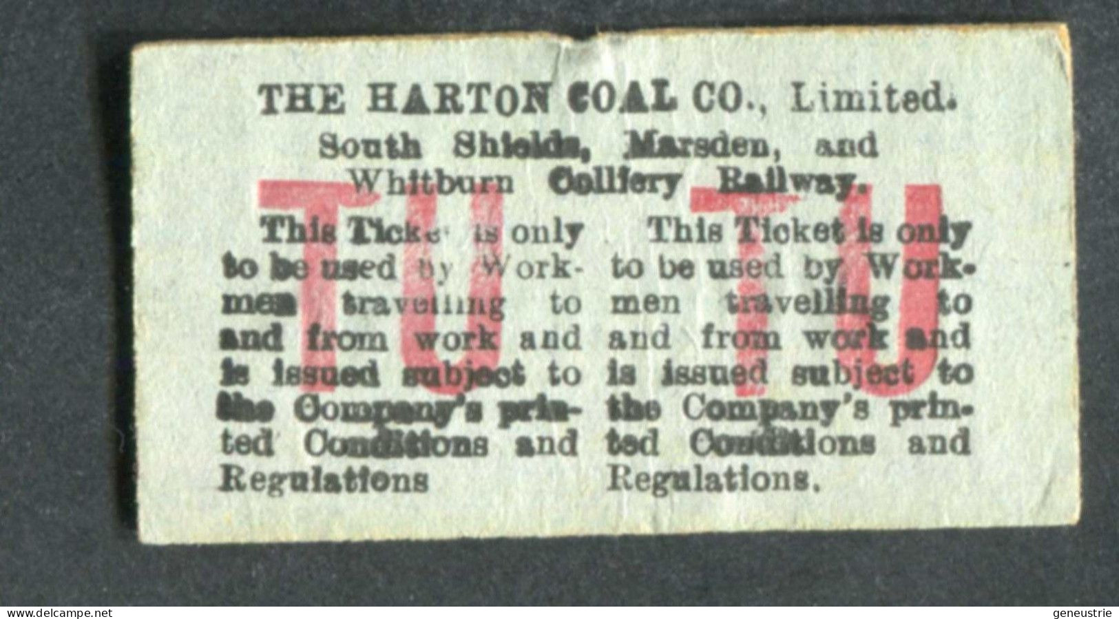 Ticket De Train Ouvrier Royaume-Uni Années 20 "The Harton Coal Company - Marsden To Shields" Edmondson Workman's Ticket - Europa