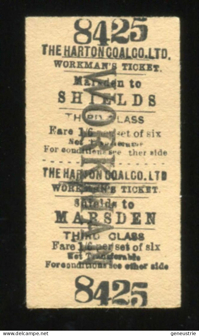 Ticket De Train Ouvrier Royaume-Uni Années 20 "The Harton Coal Company - Marsden To Shields" Edmondson Workman's Ticket - Europa