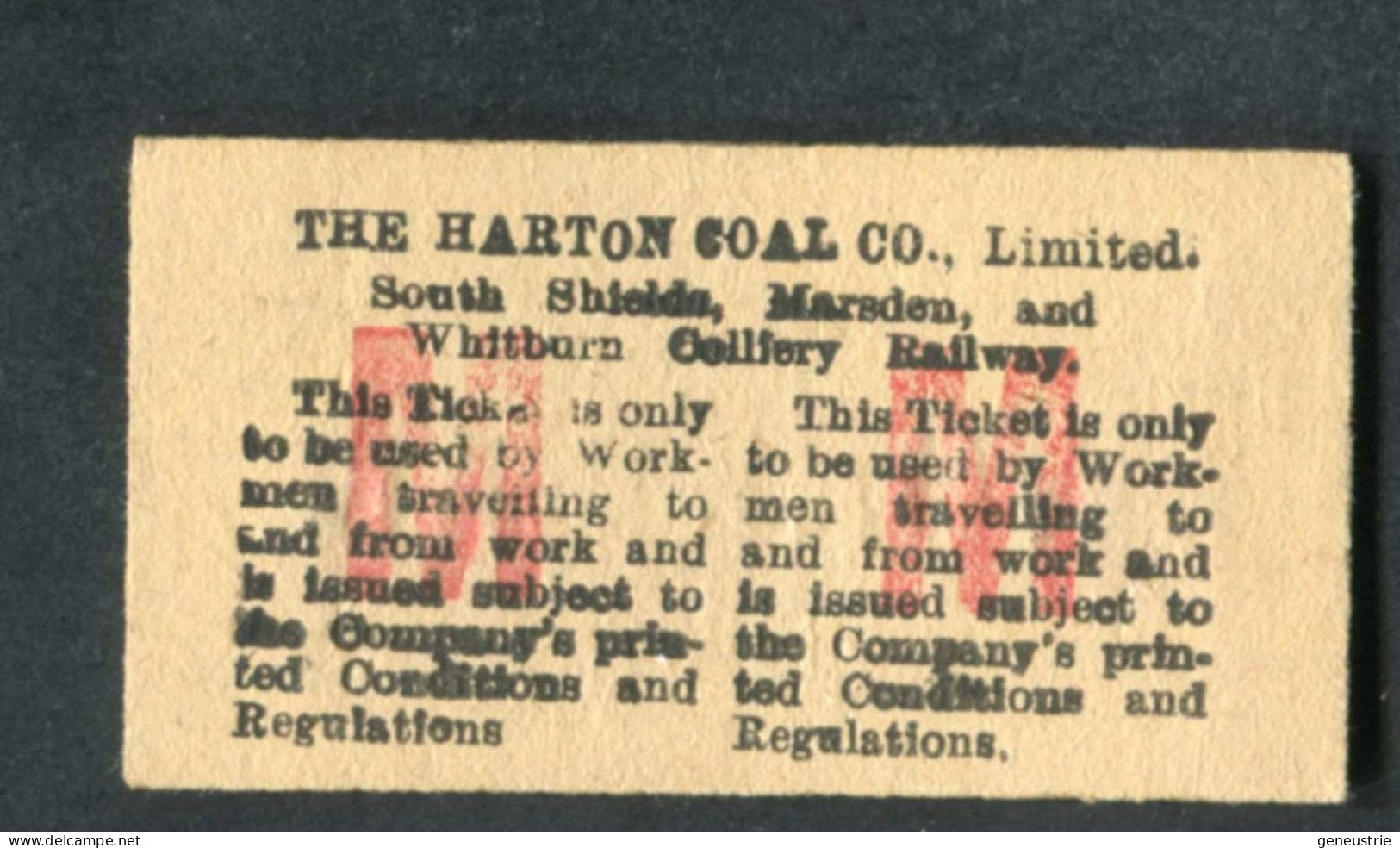 Ticket De Train Ouvrier Royaume-Uni Années 20 "The Harton Coal Company - Marsden To Shields" Edmondson Workman's Ticket - Europa