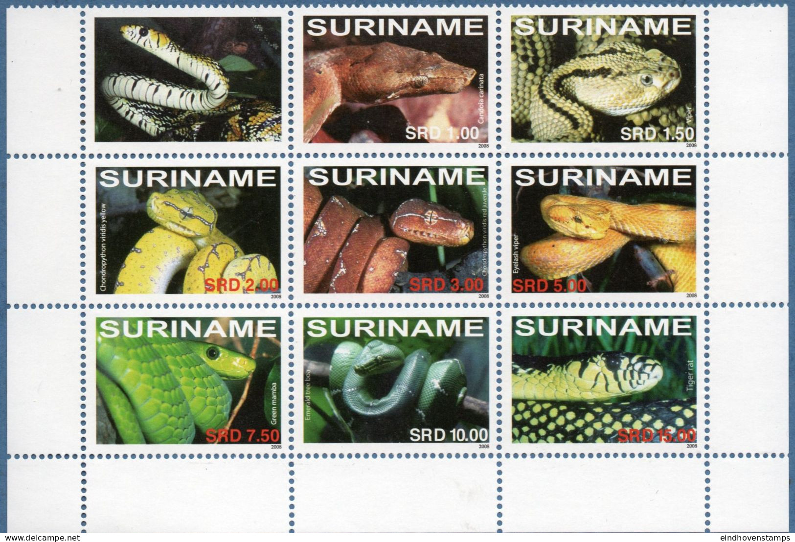 Suriname 2008 Snakes 8 Values MNH Candola, Vipera, Chondropython, Bothriechis, Dendroaspis, Morelia, Spilotes - Serpents