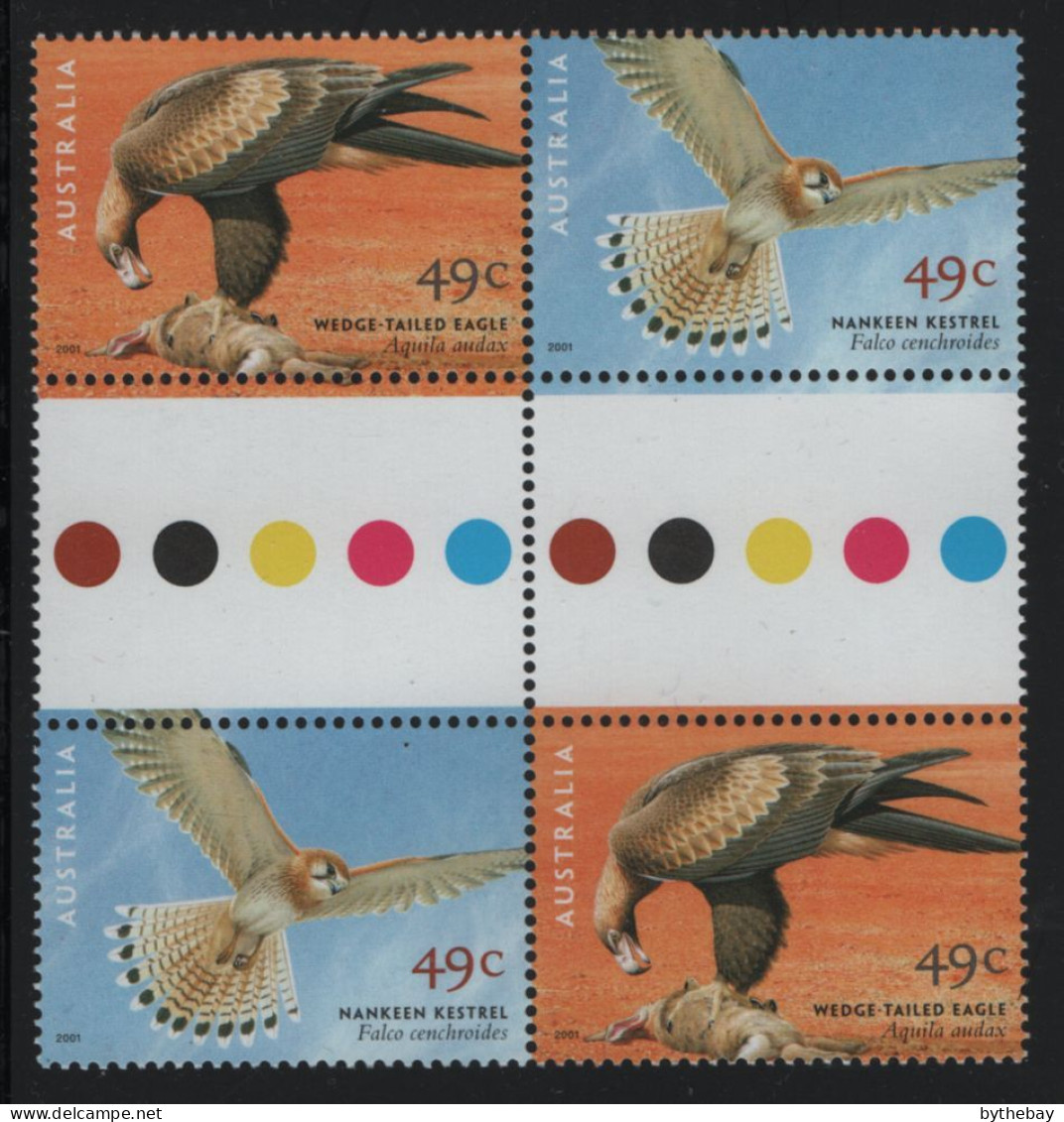 Australia 2001 MNH Sc 2003a 49c Wedge-tailed Eagle, Nankeen Kestrel Gutter - Mint Stamps