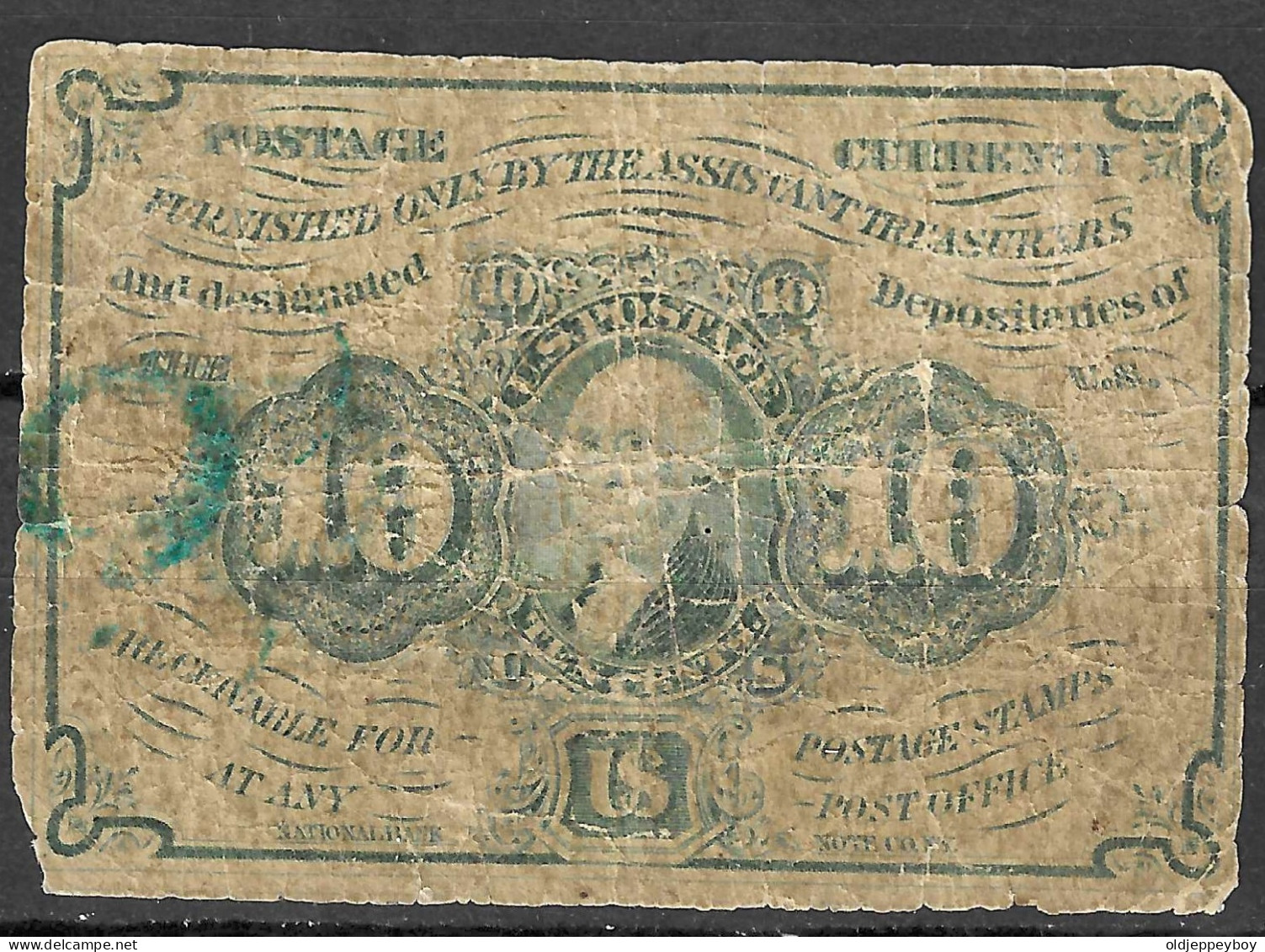 1862 Usa U.s.a. UNITED STATES OF AMERICA  10 Cent Fourth Issue Fractional Currency Note Green Seal FR#1241 - 1874-1875 : 5° Edición