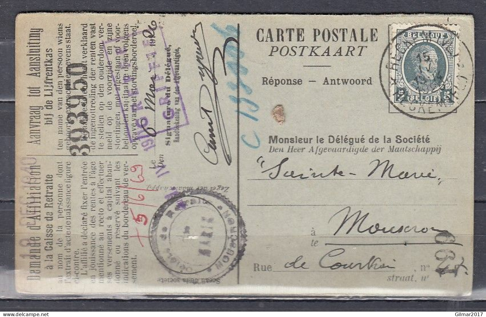 Postkaart Van Reckem (VL) (sterstempel) Naar Mouscron - Postmarks With Stars