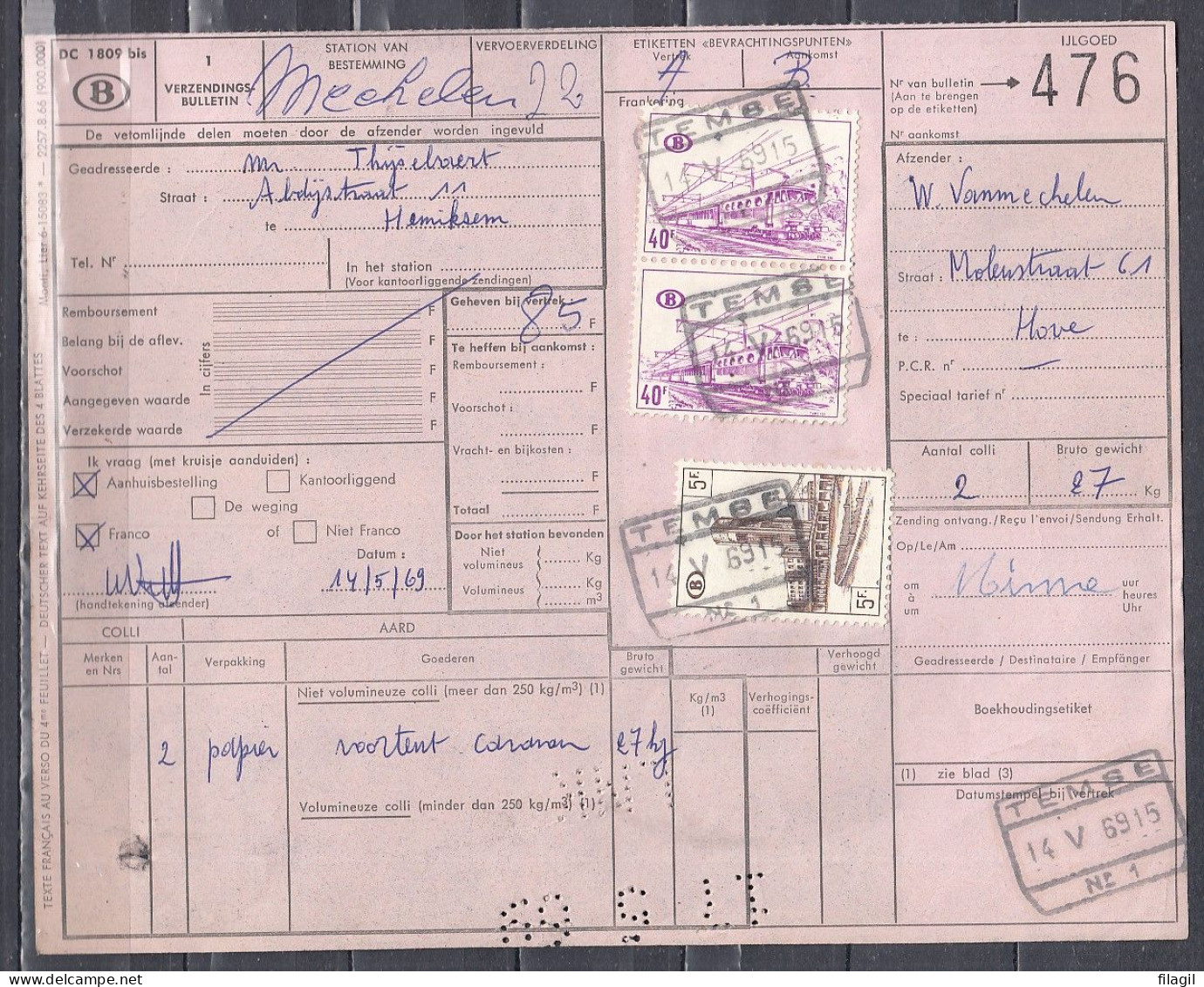 Vrachtbrief Met Stempel TEMSE N°1 - Documents & Fragments