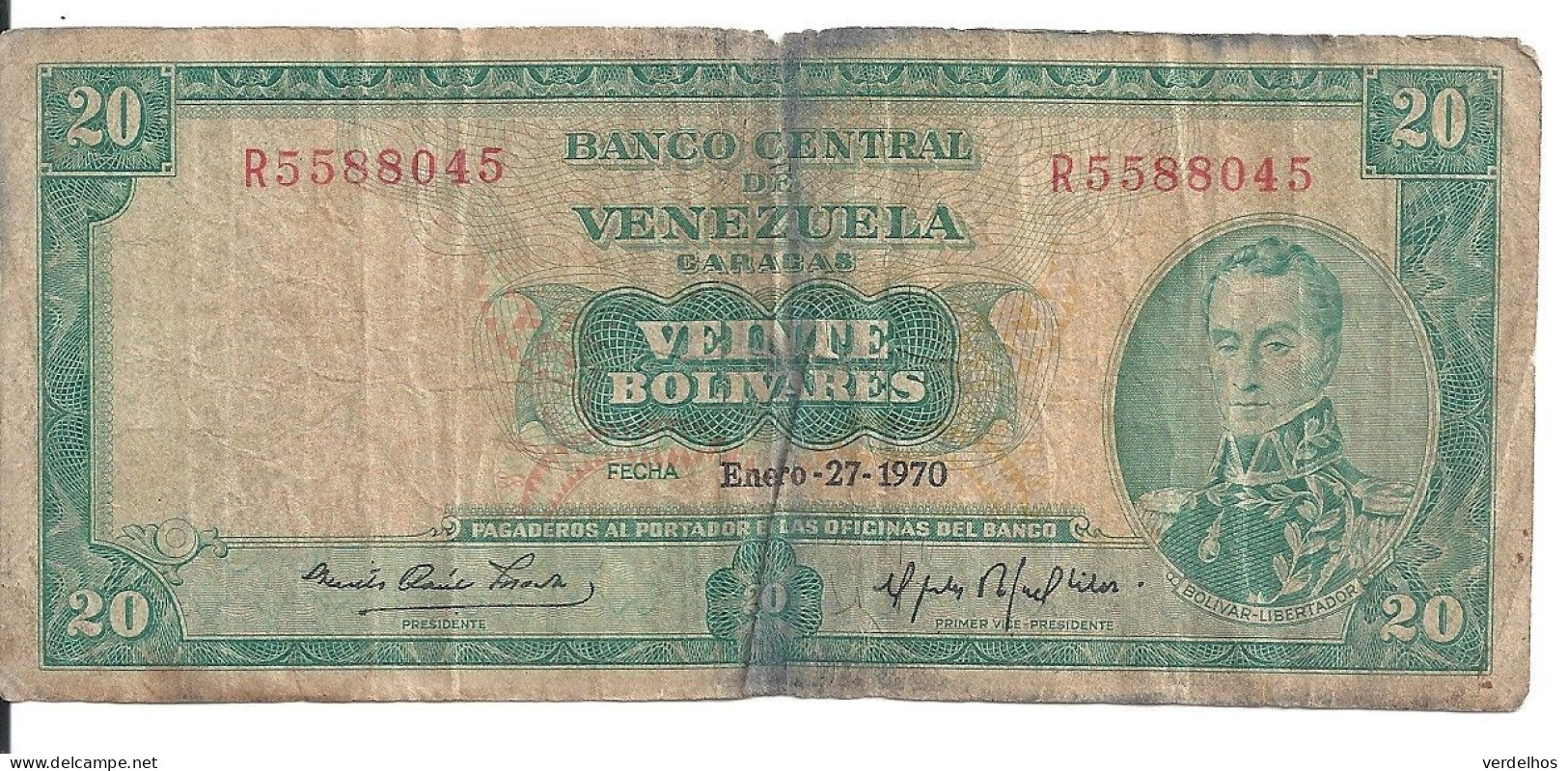 VENEZUELA 20 BOLIVARES 1970 VG+ P 46 D - Venezuela