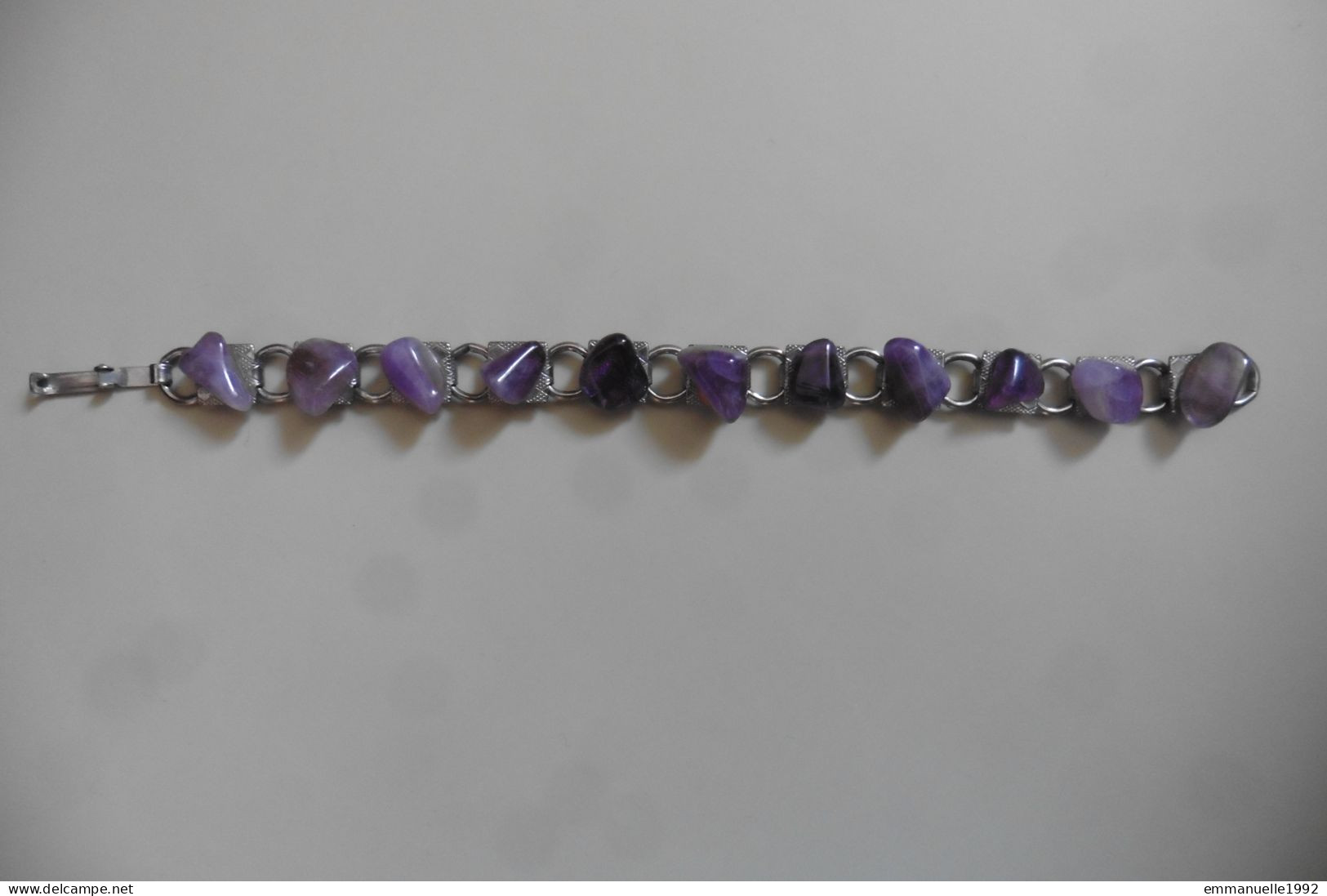 Vintage - Bracelet En Métal Argenté Et Pierres En Améthyste Du Brésil Années 1970 - Bracciali