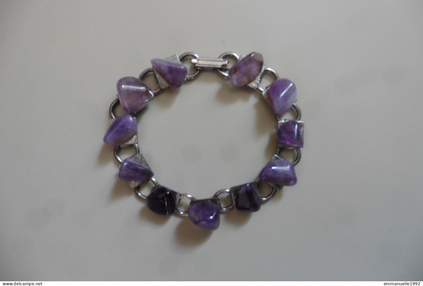 Vintage - Bracelet En Métal Argenté Et Pierres En Améthyste Du Brésil Années 1970 - Bracciali