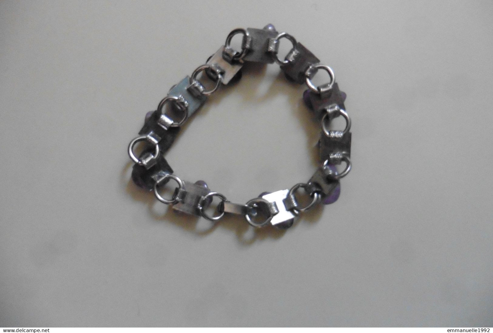 Vintage - Bracelet En Métal Argenté Et Pierres En Améthyste Du Brésil Années 1970 - Armbänder