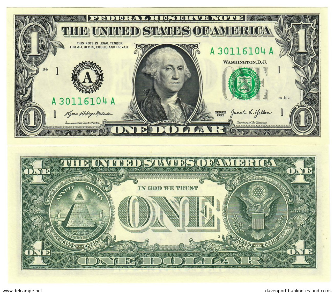 United States 1 Dollar 2021 UNC "Malerba/Yellen" "A" Boston - Federal Reserve Notes (1928-...)