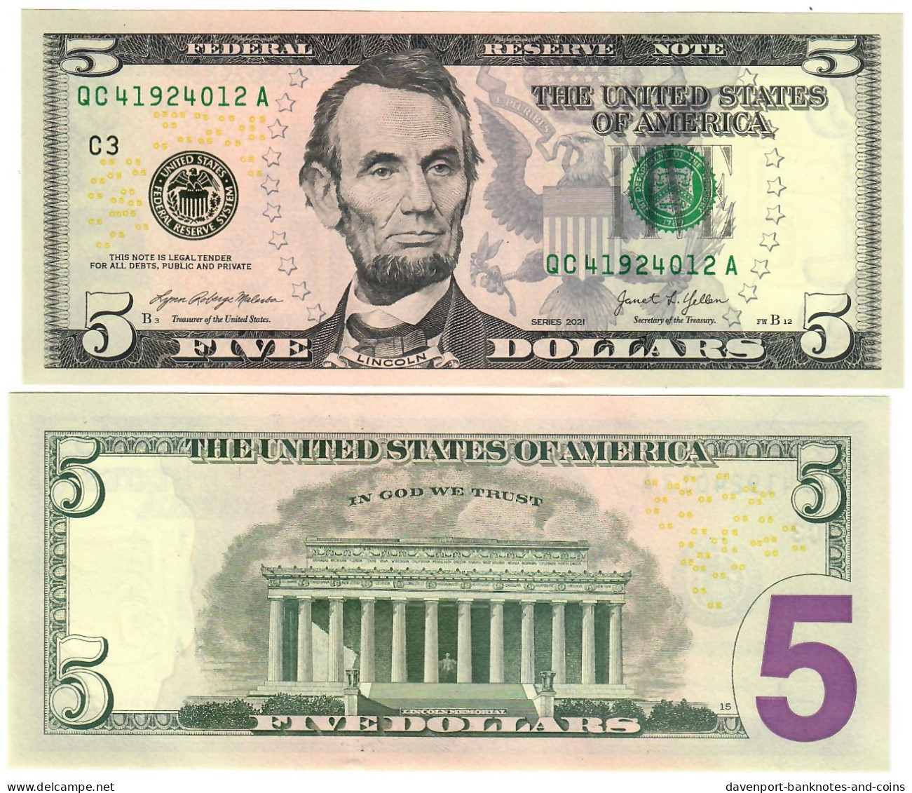 United States 5 Dollars 2021 UNC "Malerba/Yellen" - Federal Reserve Notes (1928-...)