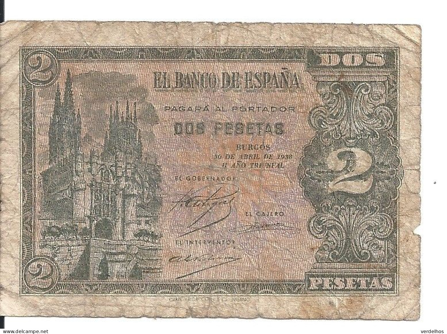 ESPAGNE 2 PESETAS 1938 VG+ P 109 - 5 Pesetas