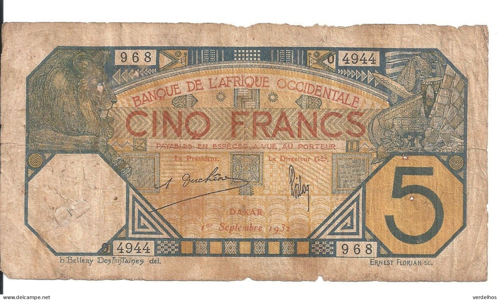 AFRIQUE OCCIDENTALE 5 FRANCS 1932 VG+ P 5B F - Other - Africa