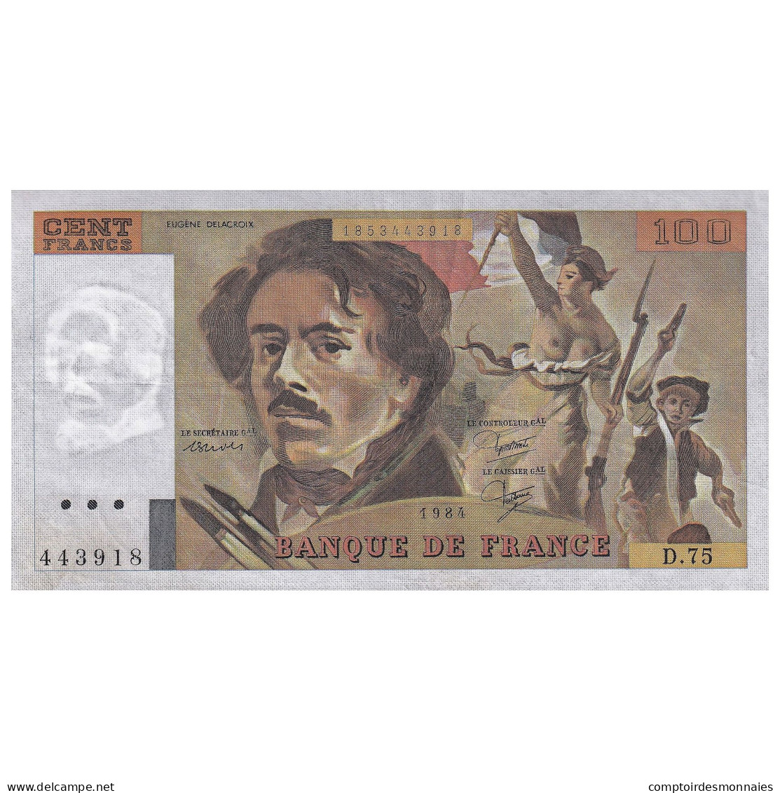 France, 100 Francs, Delacroix, 1984, D.75, TTB+, Fayette:69.08a, KM:154b - 100 F 1978-1995 ''Delacroix''