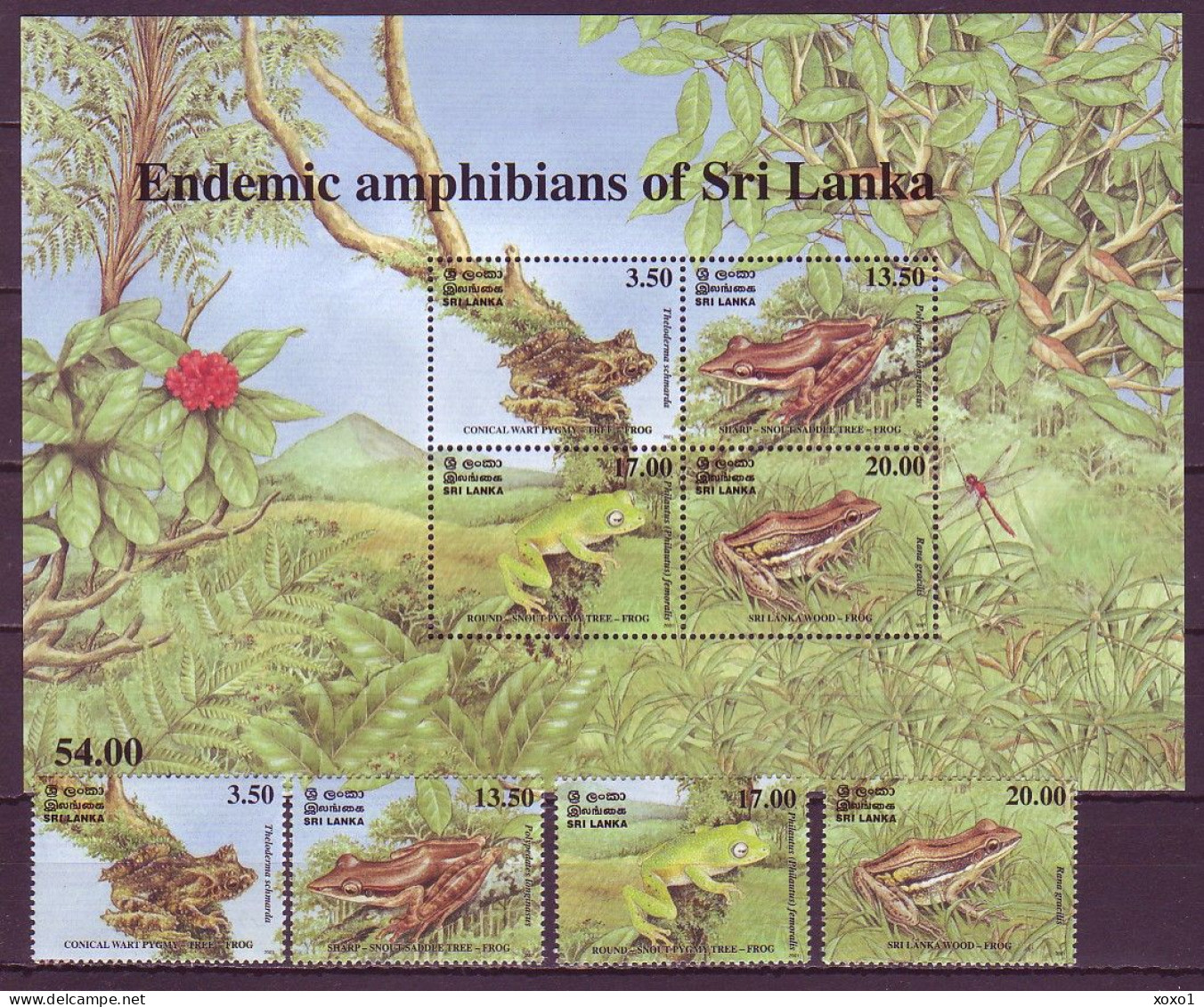 Sri Lanka 2001 Mi.No. 1322 - 1325 (Block 87)  Amphibians Frogs 4v+1 MNH**  8,50 € - Sri Lanka (Ceylan) (1948-...)