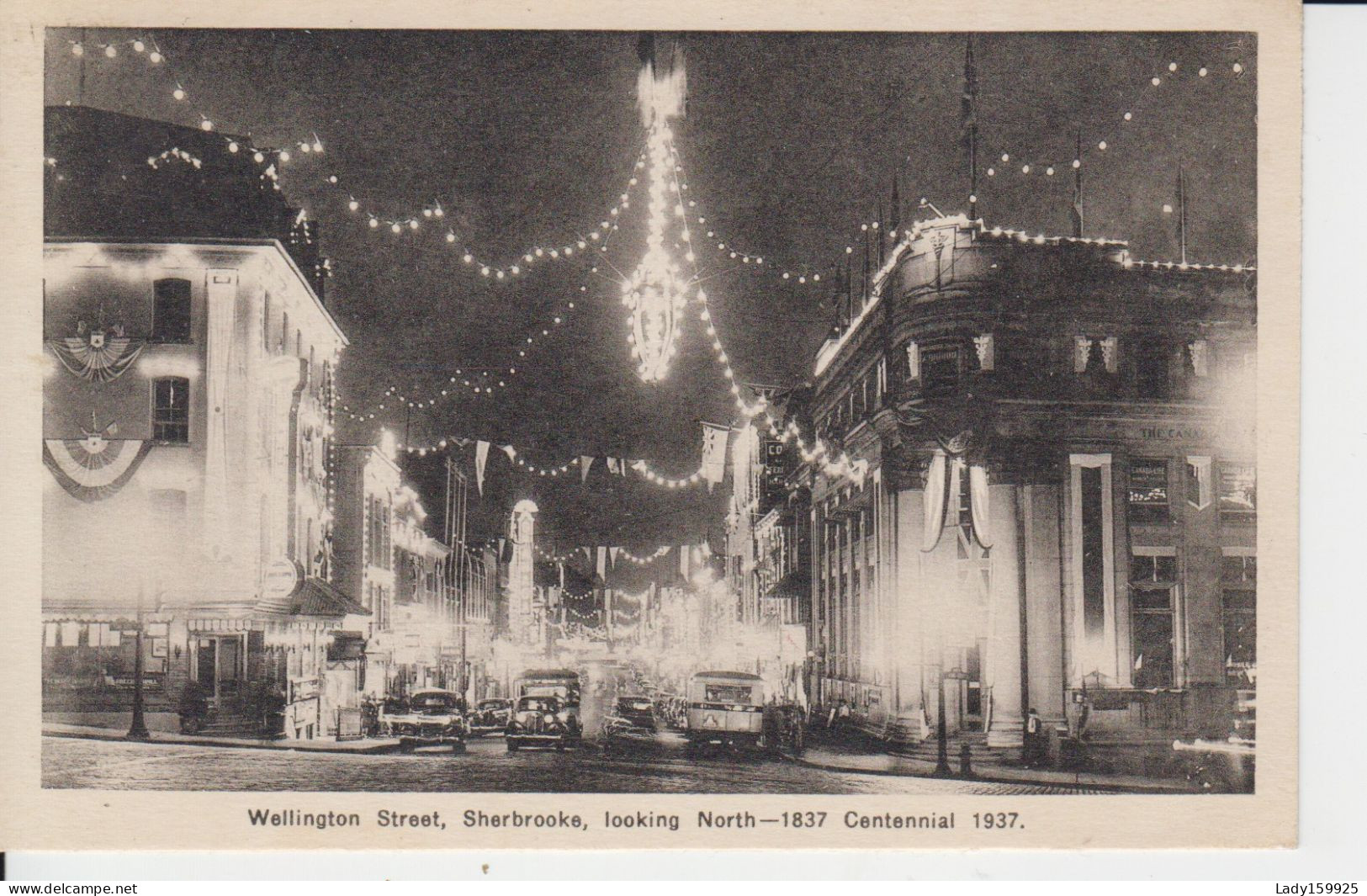 Wellington Street Sherbrooke Québec Canada Looking North -1837 Centennial 1937  Photo B&W Lumières Suspendus Nuit - Sherbrooke