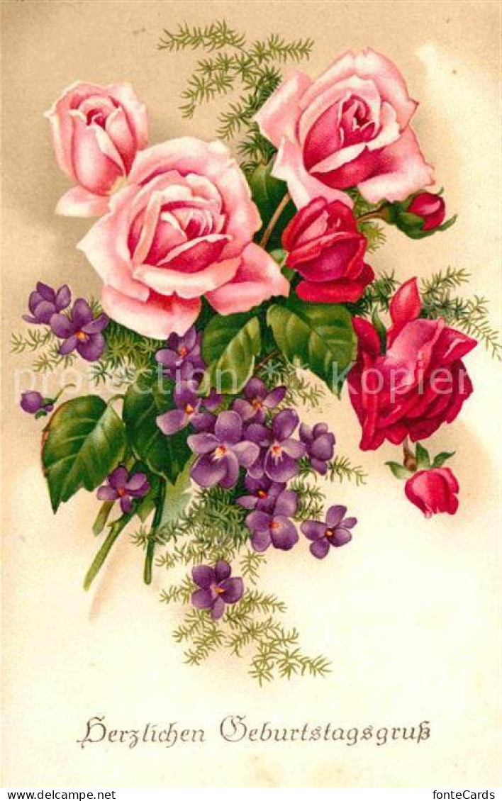 72645778 Geburtstag Rosen Veilchen Litho Greetings - Geburtstag