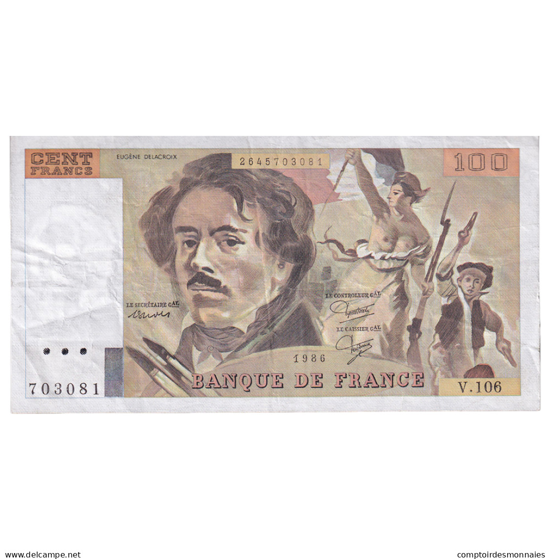 France, 100 Francs, Delacroix, 1986, V.106, TB, Fayette:69.10, KM:154b - 100 F 1978-1995 ''Delacroix''