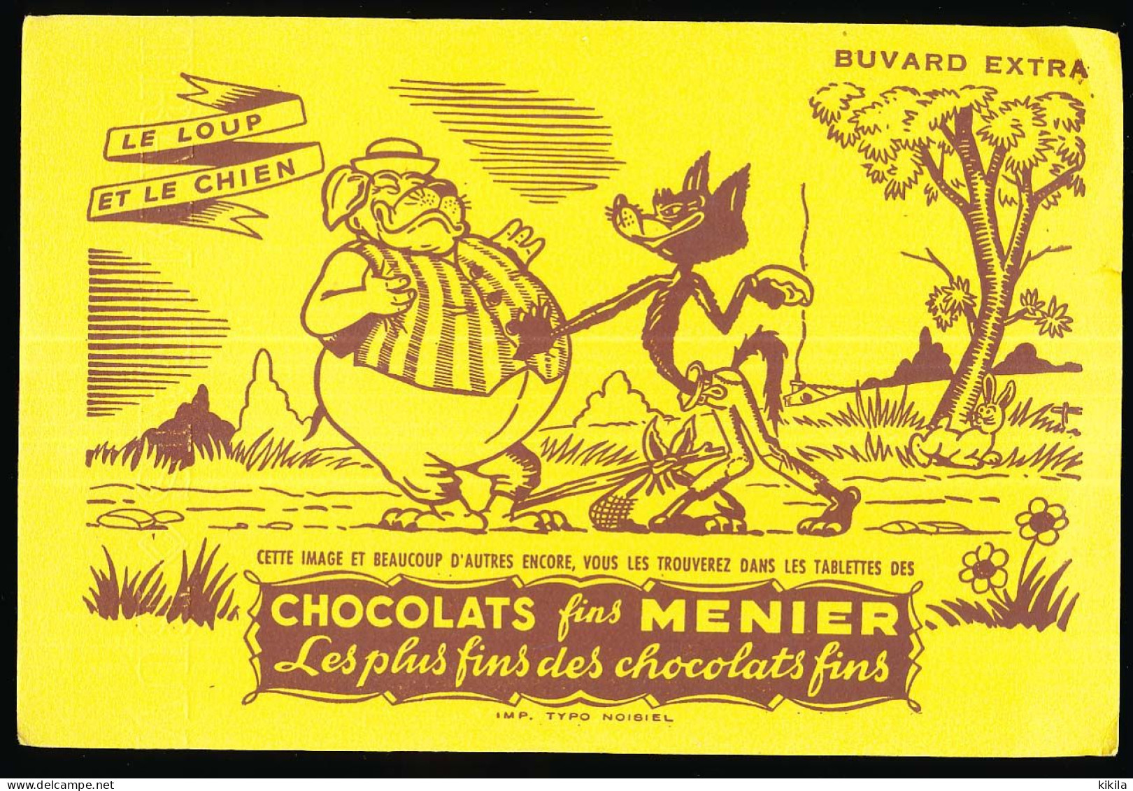 Buvard 21.2 X 14,1 Chocolat MENIER Le Loup Et Le Chien Fables De La Fontaine Papier Jaune Orangé - Chocolade En Cacao
