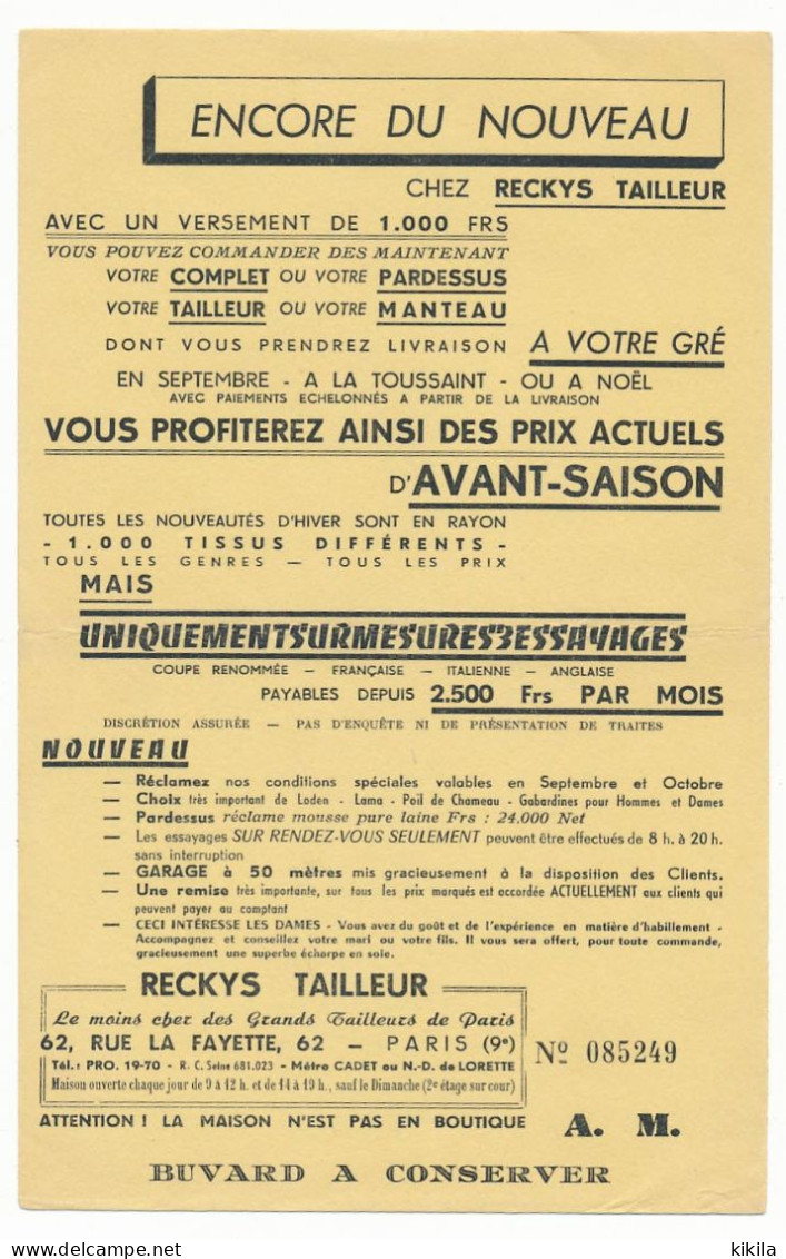 Buvard 14 X 22 RECKYS TAILLEUR Paris  Le Moins Cher Des Grands Tailleur De Paris  Tailleur Manteau Pardessus - Textile & Vestimentaire