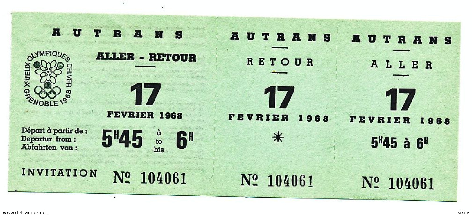 Billet De Transport Aller Retour GRENOBLE - AUTRANS 17 Février 1968 Jeux Olympiques D'hiver Grenoble  SKI DE FOND 50 KM - Autres & Non Classés