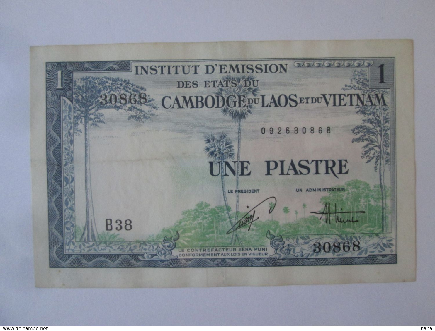 French Indochina:Cambodia,Laos,Vietnam 1 Piastre 1953-1954 Banknote Very Good Conditions See Pictures - Indochine