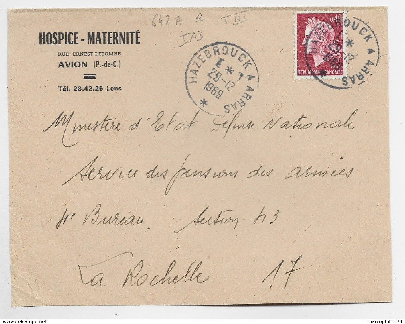 CHEFFER 40C DEVANT LETTRE CONVOYEUR HAZEBOUK A ARRAS 29.12.1969 INDICE 13 COTE 110€ - 1967-1970 Maríanne De Cheffer