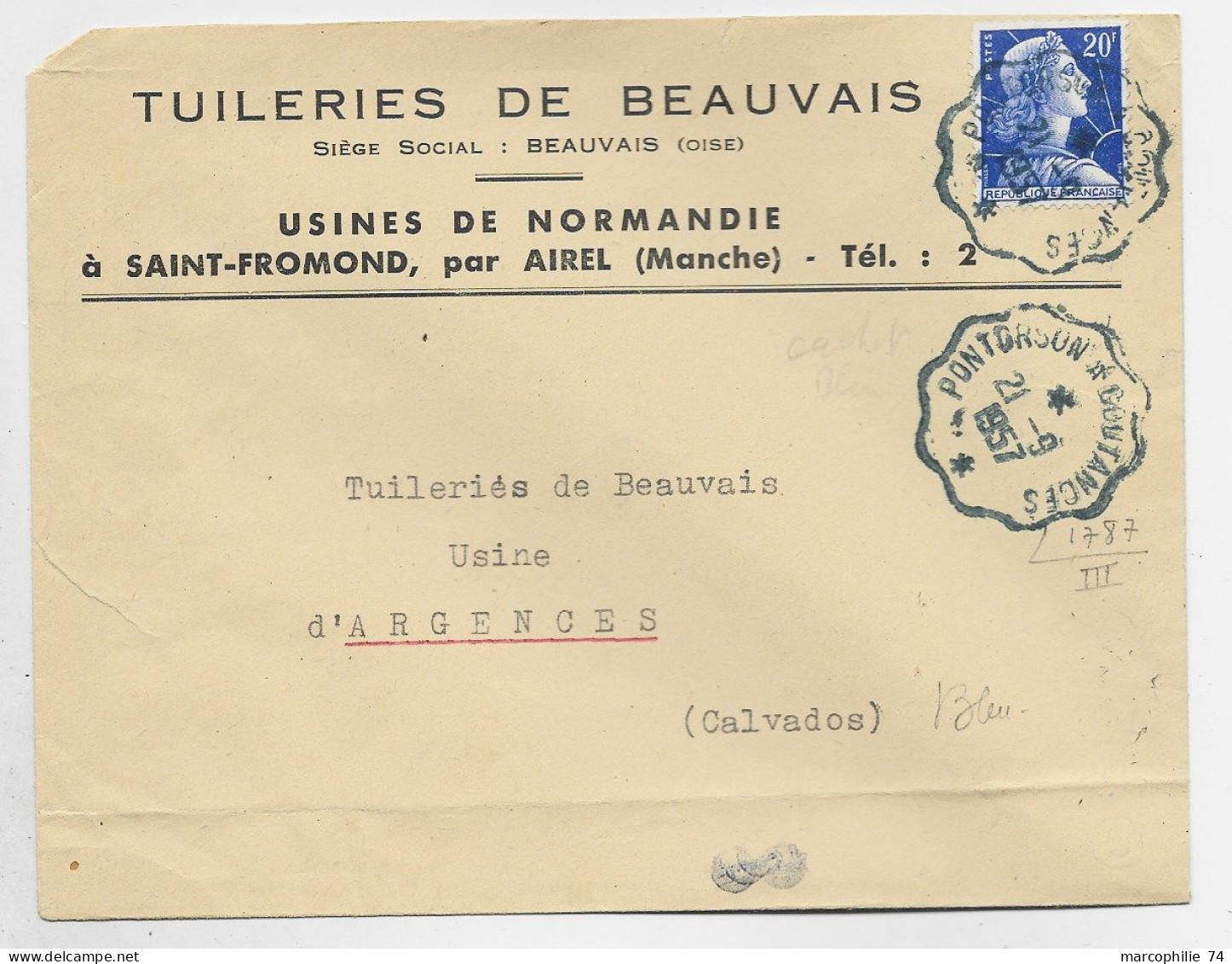 MULLER 20FR LETTRE CONVOYEUR BLEU PONTORSON A COUTANCES 21.9.1957 PEU COMMUN EN BLEU - 1955-1961 Marianne De Muller