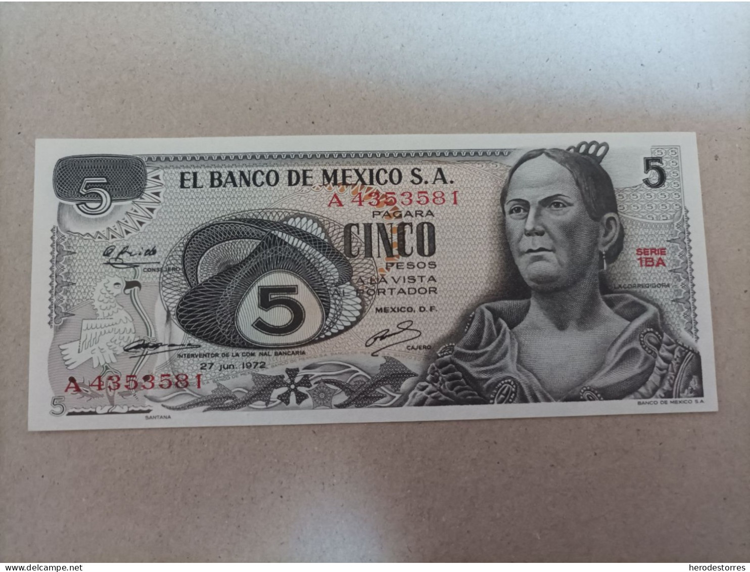 Billete De México 5 Pesos Del Año 1972, Serie A, UNC - México