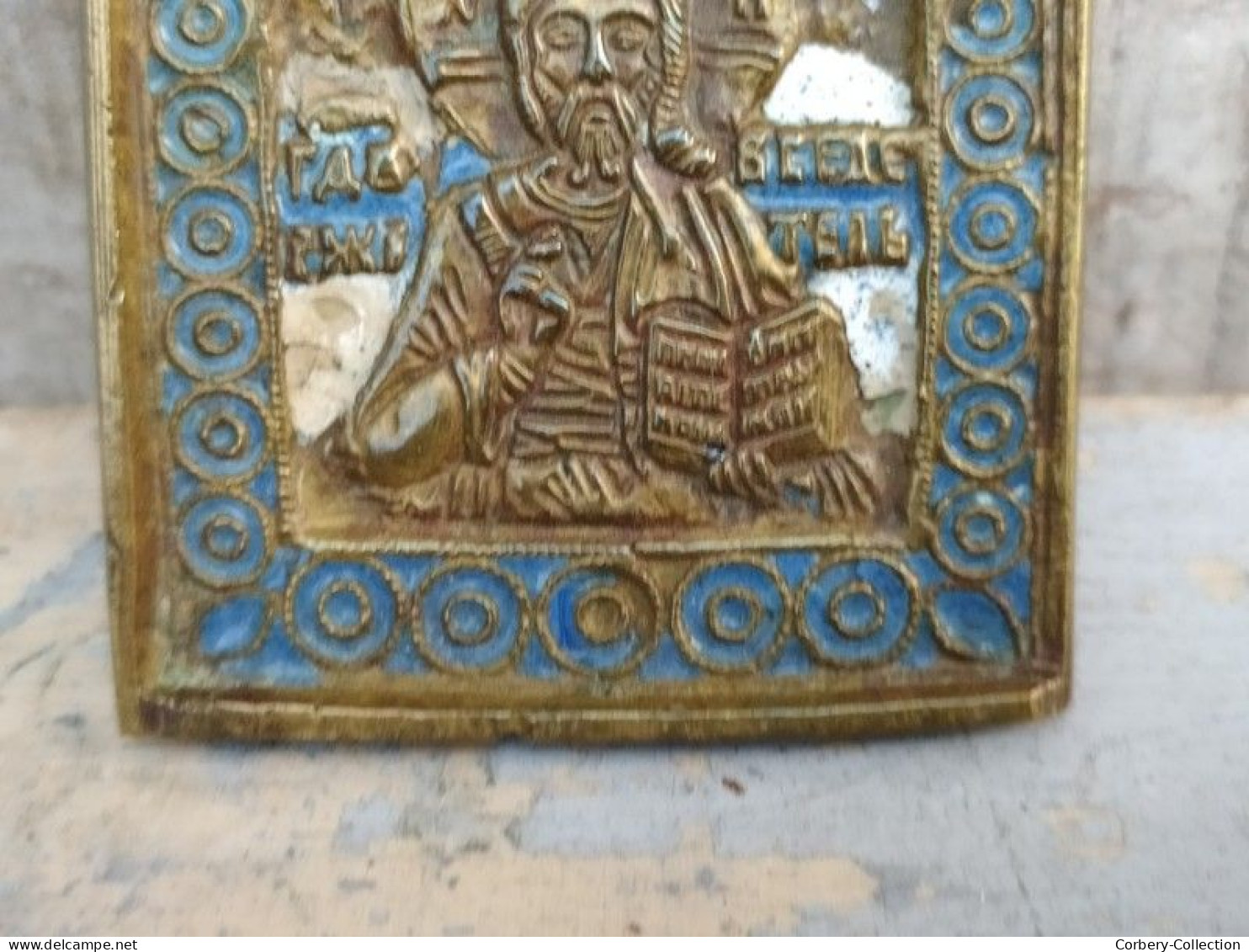 Petite Icone De Voyage Russe Bronze Email XIXème Christ Pantocrator Russian Icon Ikon Enamel - Religiöse Kunst