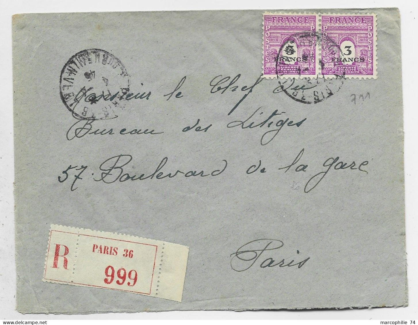 ARC TRIOMPHE 3FR PAIRE LETTRE REC PARIS 4.4.1945 AU TARIF - 1944-45 Arc Of Triomphe