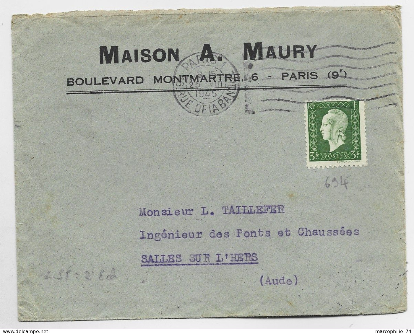 DULAC 3FR SEUL LETTRE COVER MEC PARIS 25.VIII.1945  AU TARIF 2EME - 1944-45 Marianne Of Dulac